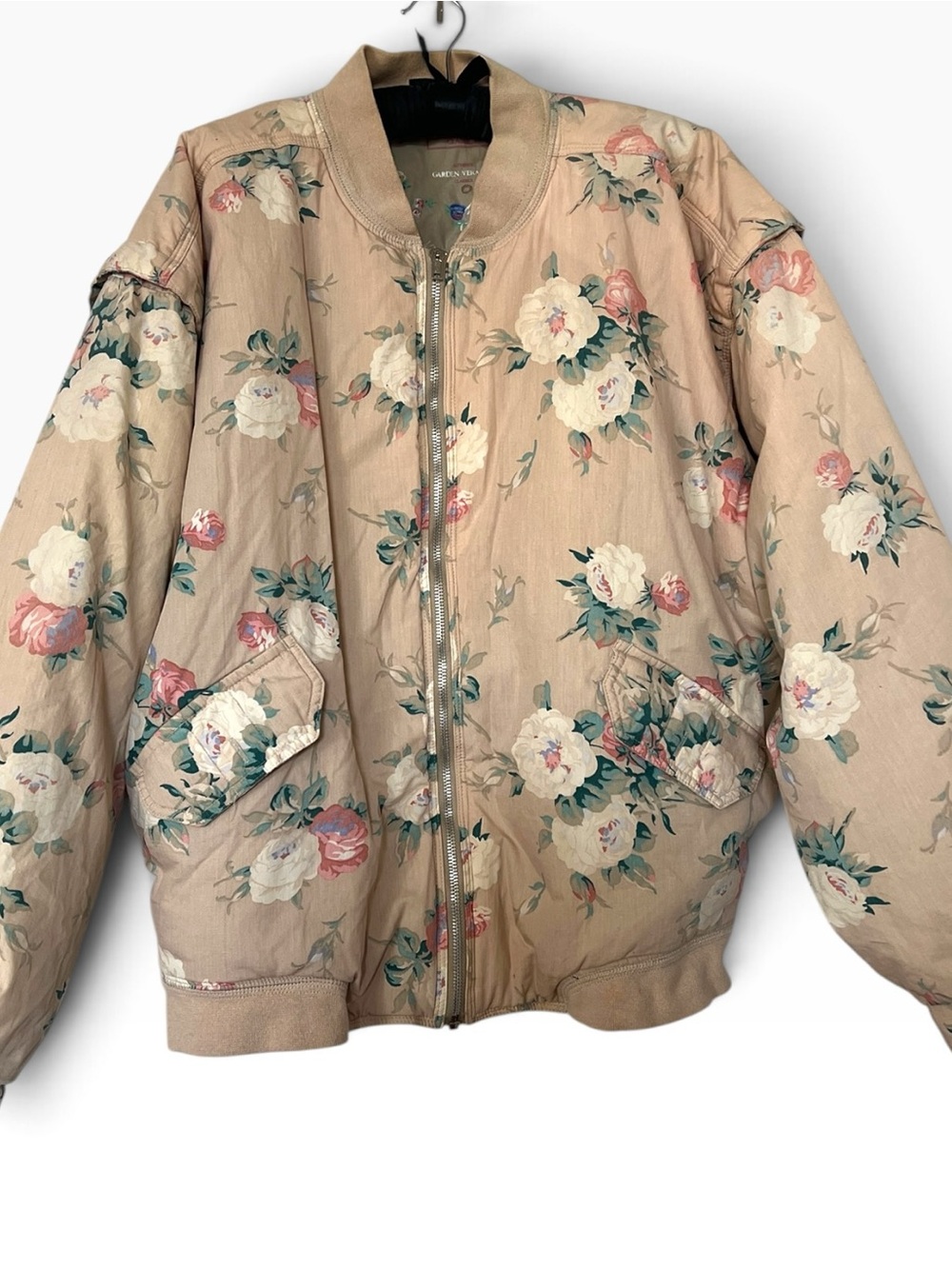 Bugle Boy Beige Floral Bomber Jacket with Pink & Green Accents